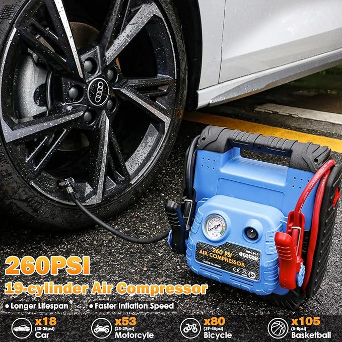 1800 Amp Jump Starter with Air Compressor, acetek Car Battery Jump Box 260 PSI Tire Inflator, 20000 mAh 12V Auto Lead-Acid Battery Booster (Up to 6L Gas or 6L Diesel Engine) with LED Light & USB