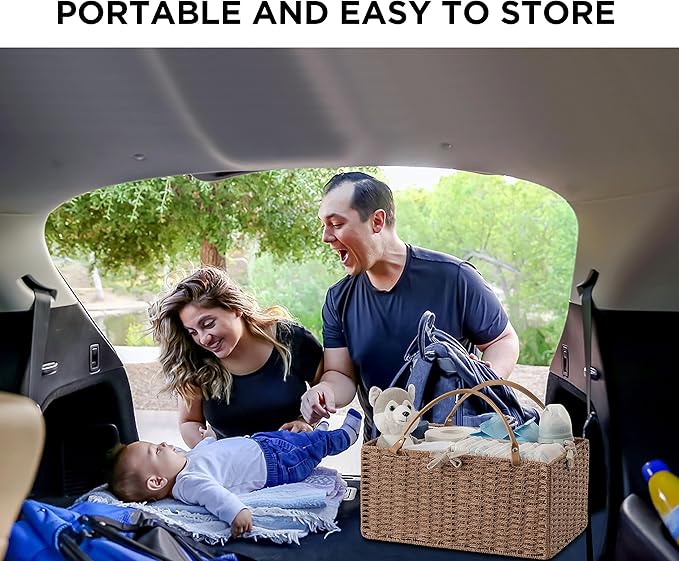 HBlife Large Baby Diaper Caddy Organizer, Paper Rope Storage Baskets Nursery Bin with Removable Divider, Portable Car Organizer for Diapers, Baby Shower Gifts, Newborn Essentials Must Haves