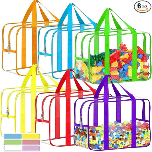 6 Color XXL Toy Storage Bags 16.5×11.8×6.8In with Labels, Large Capacity Reusable Clear PVC Storage Bags, Travel Waterproof Organizer Bags with Double Zipper