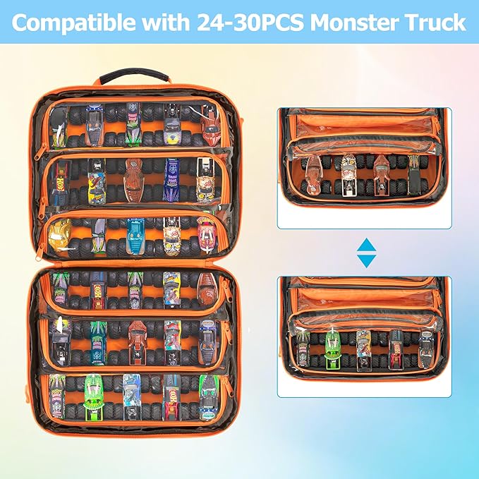 Toy Cars Carry Case Compatible with Hot Wheels Monster Trucks, Travel Truck Storage Compatible with Monster Jam Trucks up to 30, with Display Front Pocket for 1:64 Scale Mini Toy Cars, Blue, Bag Only