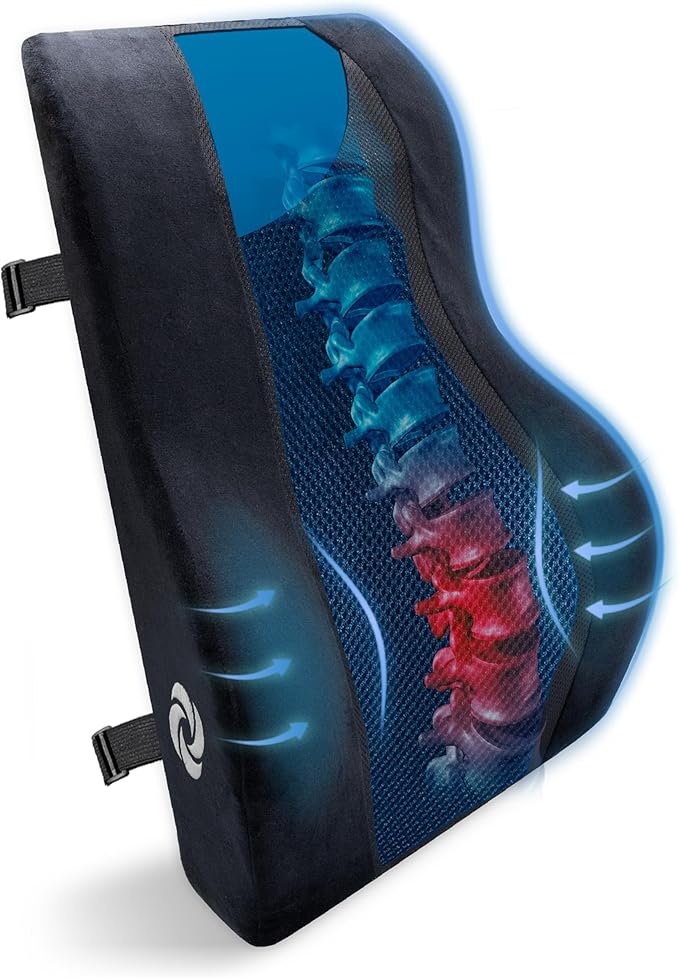 Samsonite Memory Foam Lumbar Support Pillow, Ergonomic Back Cushion for Office Chair, Gaming Chair, Auto Back Support with Cooling Gel, Home Essentials for Sitting Comfort, Posture Relief, Black Mesh