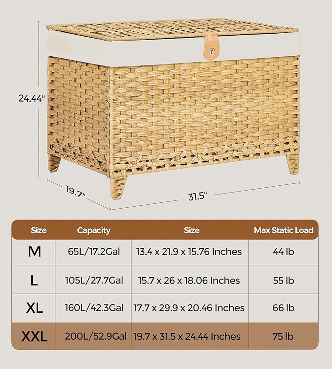 Honjourai Wicker Storage Basket with Lid,Rattan Shelf Basket with Removable Liner Bag,200L Storage Bin,Storage Trunk with Heightened Feet,Storage Container for Wardrobe,Home Organizer