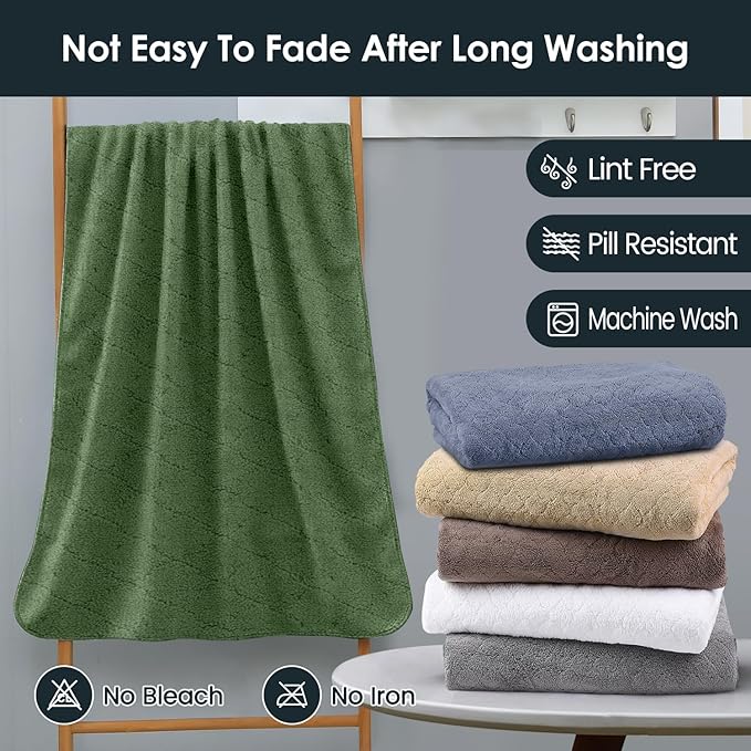 JML Microfiber Bath Towels Set of 2, Oversized, Ultra Soft, Super Absorbent, Fast Drying, No Fading Large Bathroom Towel for Yoga, Sauna, Travel, Fitness (Coral Fleece - Olive-Green, 30 in x 60 in)