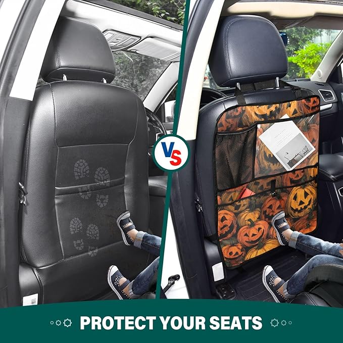 1 Pack Back Seat Car Organizer with Storage Pockets Kick Mats Back Seat Protector Hanging Car Organizer Automotive Seat Back Cover Organizers Cartoon Orange Halloween Pumpkin Lanterns