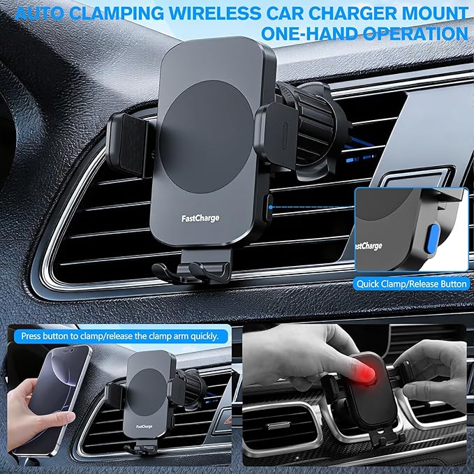 Wireless Car Charger,【80+LBS Safest Strongest】 2026 Upgrade Car Phone Holder Mount 15W/10W/7.5W Fast Charging 360° Rotation for Dashboard Windshield Vent Compatible with iPhone 17 16 Samsung