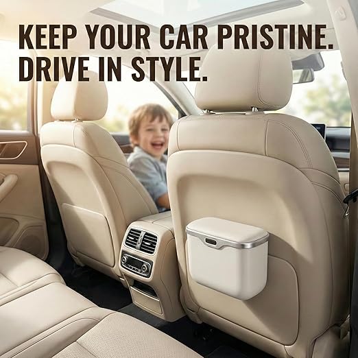 Car Trash Can with Lid - Leakproof Hanging Car Garbage Bin for Door & Seat Back - Waterproof Auto Trash Bag & Multifunctional Storage Organizer for SUV, Truck, Sedan (White)