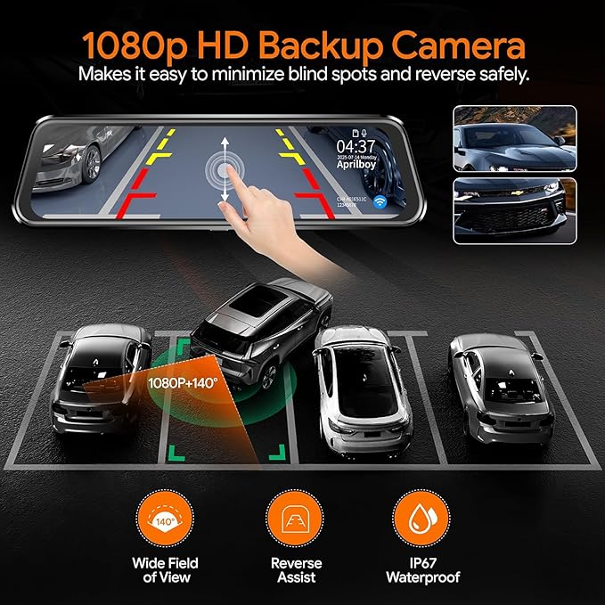 3 Channel Mirror Dash Camera for Cars, Triple Rear View Mirror with Front 4K/3K, Inside and Rear 1080P with WiFi, G-Sensor, Night Vision, Reverse Assist, Parking Monitoring (Include 64GB Card)