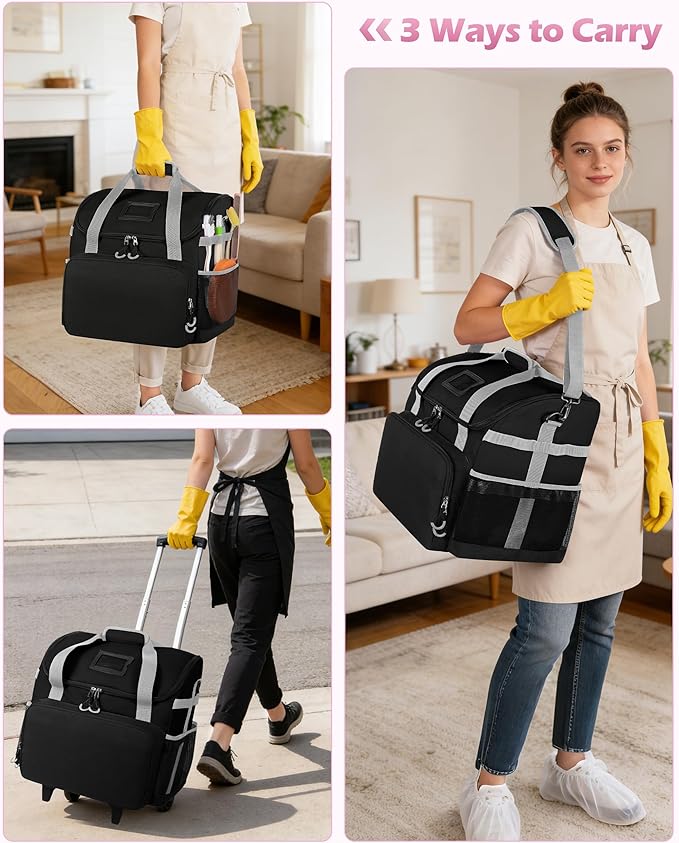 Large Rolling Cleaning Caddy Bag with Detachable Trolley, Cleaning Supplies Organizer with Wheels for Housekeepers, Black