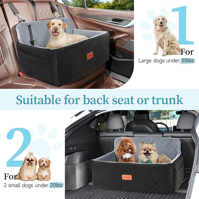 HEGGCOOE Dog Car Seat for Medium/Large Dogs, Pet Booster Seat for Under 55 lbs or 2 Small Dogs, Detachable & Washable Dog Car Bed for Backseat with 2 Safety Leashes (Black/Grey)