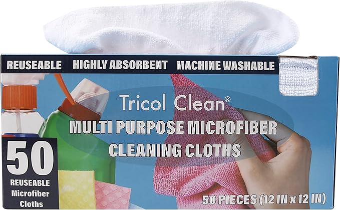 Tricol Clean Profesional Resuable Lint Free Microfiber Edgeless Cleaning Cloth Rag 50PK in Dispenser Box for Housekeeping, Car Cleaning (12 * 12 Inches), White