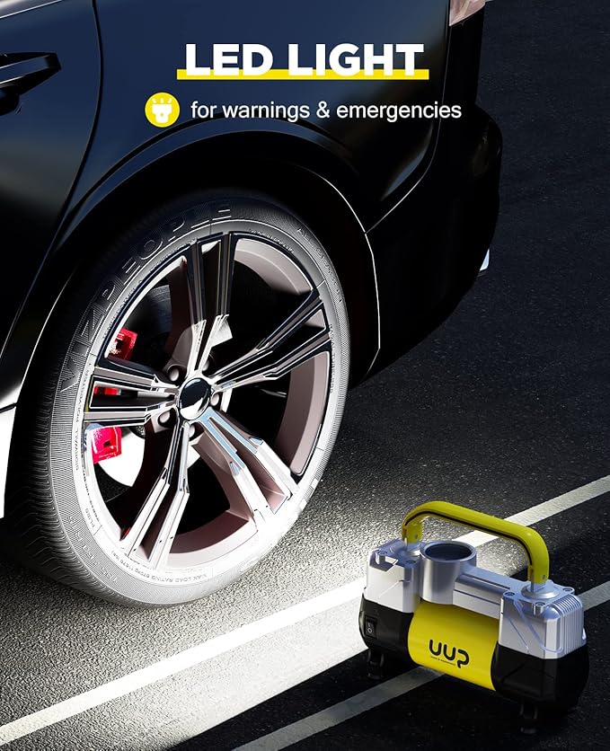 UUP Tire Inflator Air Compressor, 150PSI 12V DC Double Cylinders Heavy Duty Portable Air Pump w/Emergency LED Light for Truck, SUV, Car, RV