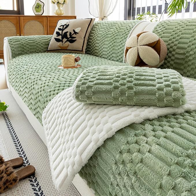 Plush Warm Sofa Covers Washable, Funny Fuzzy Couch Cover for Dogs Washable, Non-Slip Couch Covers for Sectional Sofas, Soft Sofa Slipcover for Pet & Kid(1PC, Green, 36"×83", Single Seater)