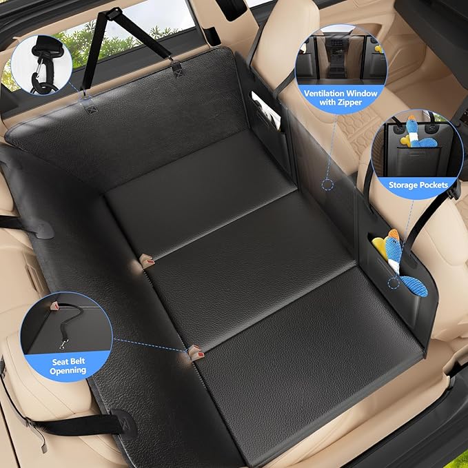 Back Seat Extender for Dogs-Large Space, Hard Bottom Dog Car Seat Cover for Back Seat Hold 420lb, Anti-scratch Backseat Extender for Dogs,Waterproof Dog Hammock for Car, SUV, Truck, All Black