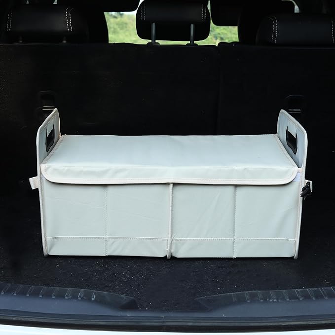 Car Trunk Organizer With Soft Cover and Storage Bin Essentials Collapsible Organization Accessories for SUV/Sedan Beige