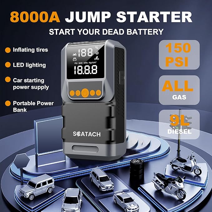 Jump Starter with Air Compressor 8000A 150PSI Car Battery Jump Starter (10.0 Gas/8.0L Diesel), Battery Jumper Starter Portable 12V Jump Box with Jumper Cables, LED Light, LED Display