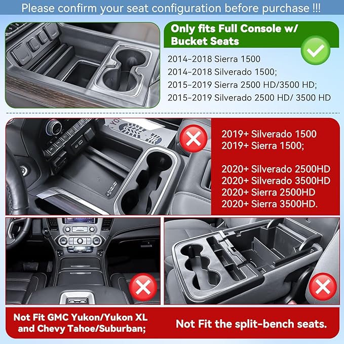 EDBETOS Center Console Organizer Tray Compatible with 2014-2018 Chevy Silverado/GMC Sierra 1500 Accessories 2015-2019 Silverado/Sierra 2500HD/3500HD Compartment Storage,Full Console w/Bucket Seat ONLY