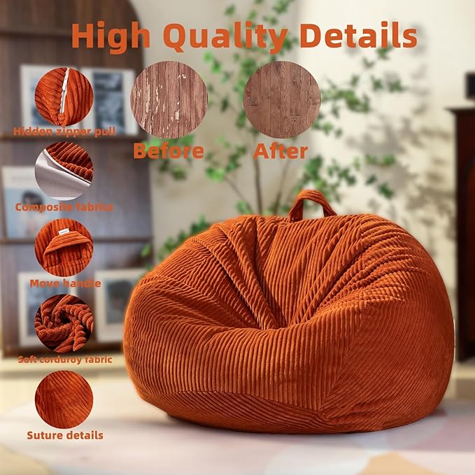 ZhenLives Stuffed Animal Storage Bean Bag Chair Cover, Cover Only (No Filler), Corduroy Toy Organizer Floor Cushion Seat, 48 in/120 cm Slipcover for Teens & Adults, Red