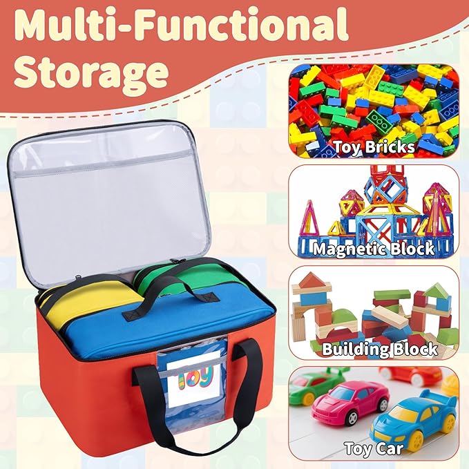 4 PCS Toy Storage Bags, Magnetic Tiles Bag With Visual Top Flap, Label Pocket and Mesh Pockets Fit for LEGO, Building Blocks, Magnetic Tiles, Toy Cars