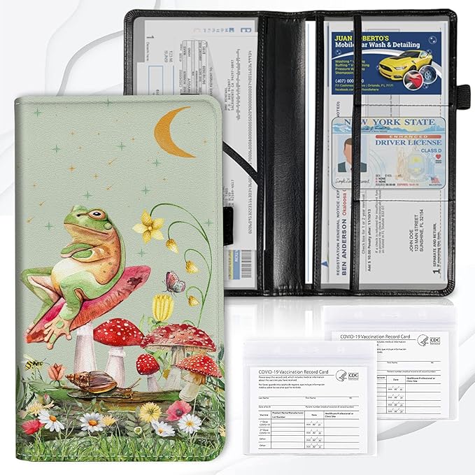 Car Registration and Insurance Card Holder, Premium PU Leather Vehicle Wallet Cover for Glove Box Car Organizer Drivers License / Cards / ID Essentials Document Holder, Aesthetic Mushroom Frog Green