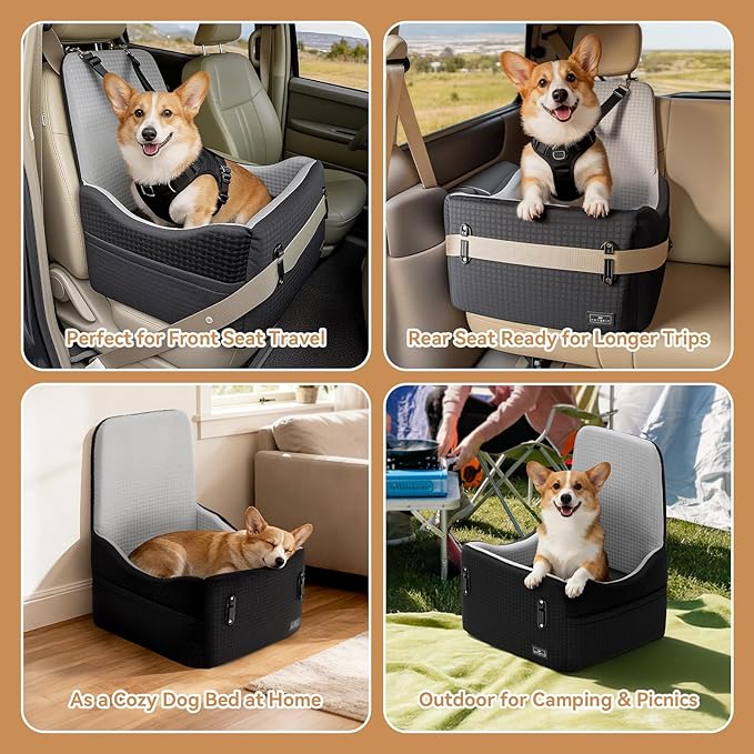 PETSFIT Dog Car Seat for Small/Medium Dogs Up to 35 lbs – Patented Safety System, 6" Memory Foam Pet Booster Car Seat, Fully Detachable and Washable Dog Carseat with 2 Storage Pockets (Black & Grey)
