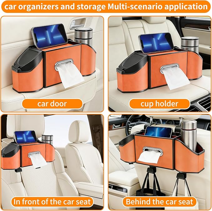 7-in-1 Multifunctional Car Seat Back Organizer, Car Back Seat Storage Box Trash Can & Cup Holder with Tissue Box, Hooks, Universal Fit for Most Cars, SUVs, Trucks (Orange)