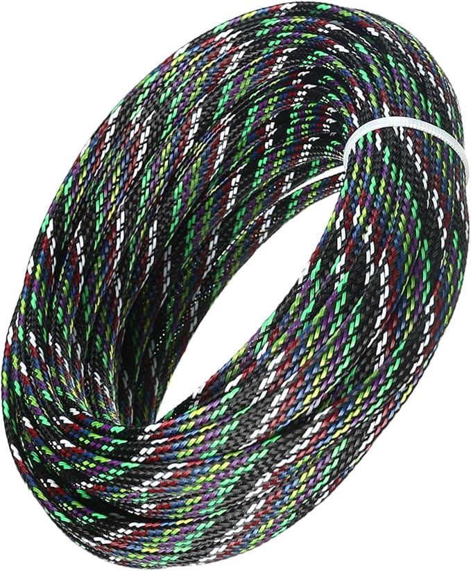 Aicosineg 32.81ft PET Flexible Braided Cable Sleeve 0.25inch Width Wire Loom Sleeving and Organizer Flexible Wire Mesh Sleeve Wrap Protector for TV Audio PC Cords from Pets Chewing Multicolor