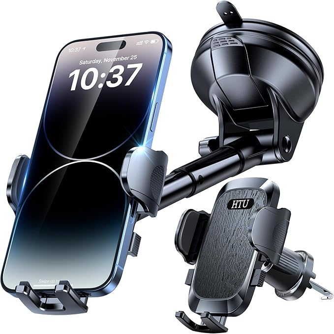 HTU [2026 True Military-Grade] Car Phone Holder [Upgraded Strongest Suction & Clip] Cell Phone Mount for Dashboard Windshield Vent,Truck Cradle Stand for iPhone 16 Pro Max Samsung Android (Black)