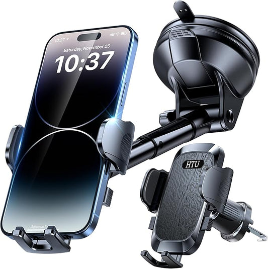 HTU [2026 True Military-Grade] Car Phone Holder [Upgraded Strongest Suction & Clip] Cell Phone Mount for Dashboard Windshield Vent,Truck Cradle Stand for iPhone 16 Pro Max Samsung Android (Black)