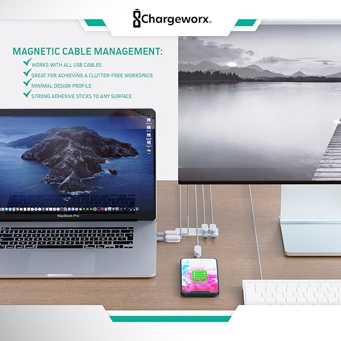 CHARGEWORX Magnetic Cable Clips 20-Pack – Adhesive Cord Organizer for Desk, Wall, Nightstand & Car – Magnetic Cable Holder for USB-C, Lightning, HDMI & Charging Cables – Cable Management Clips