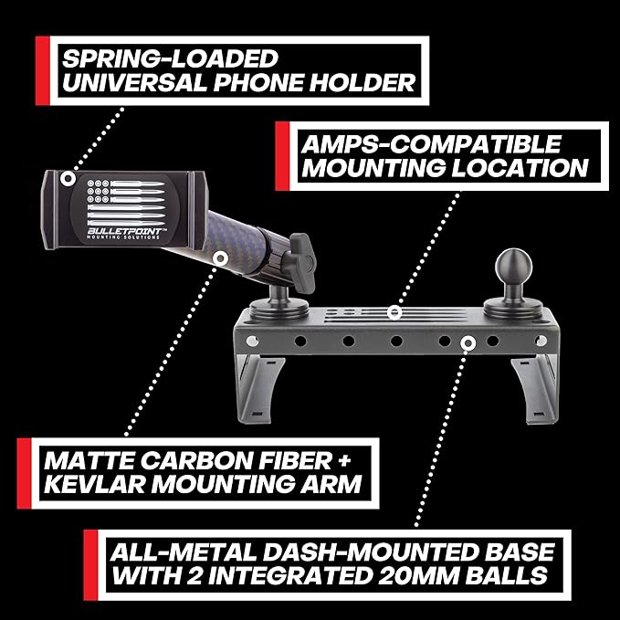 Bulletpoint Metal Dash Mount Phone Holder Compatible with 2015-2020 Ford F150 & 2017-2022 F250/F350 Super Duty - Dual 20mm Ball Dash F150 Phone Mount (Spring-Loaded)