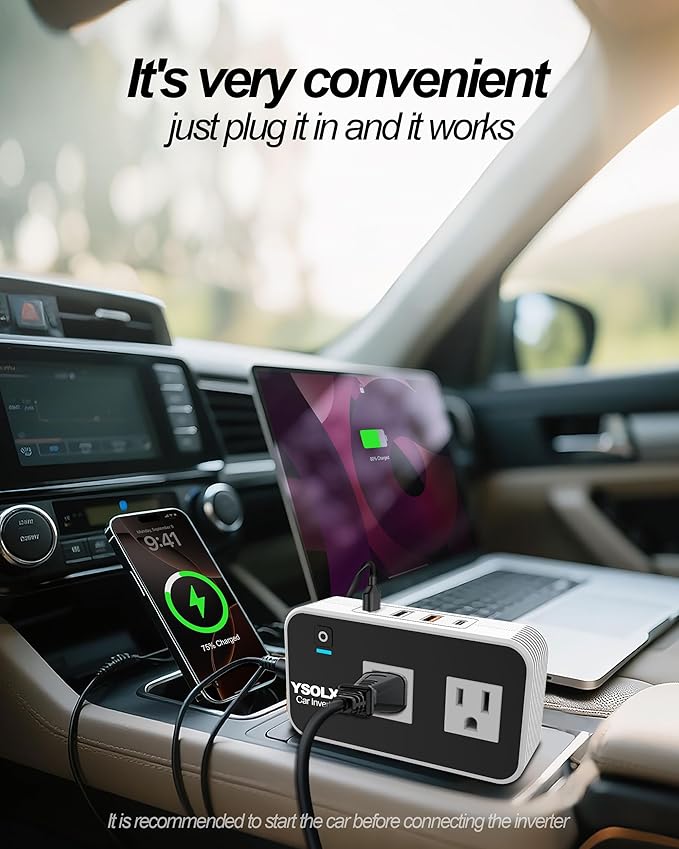 YSOLX 200W Car Power Inverter 12V to 110V for Vehicles, Car Plug Adapter Outlet with 4 USB Fast Charger, Car Charger Cigarette Lighter Adapter for Phone, Laptop on Road Trip
