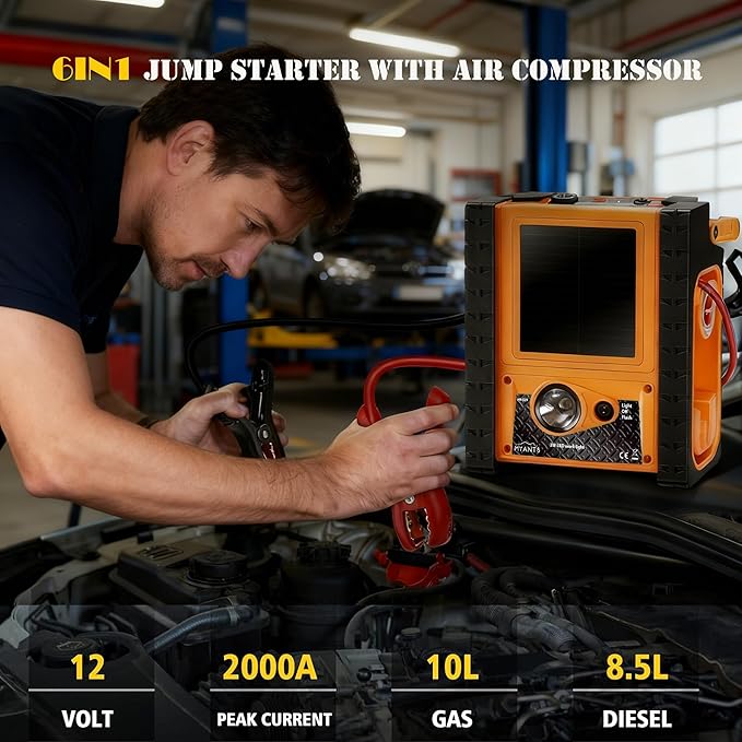 2000A Car Battery Jump Starter with Air Compressor 6-in-1 Jump Starter with Air Compressor 12V Jumper Box 400 Watt Inverter Power Station with AC/DC/USB Outlets (10L Gas/8L Diesel)