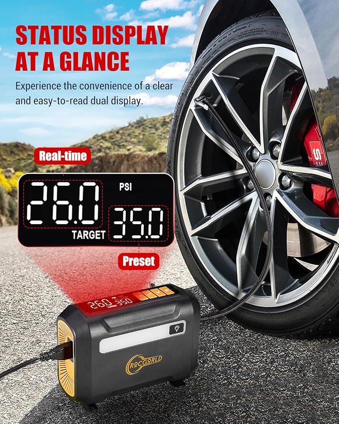 ROCGORLD R8 Tire Inflator Portable Air Compressor, DC 12V Portable Air Compressor with Large Dual Digital Screen, 3X Faster Inflation Portable Air Pump for Car Tires, Bike, Motor - Car Accessories