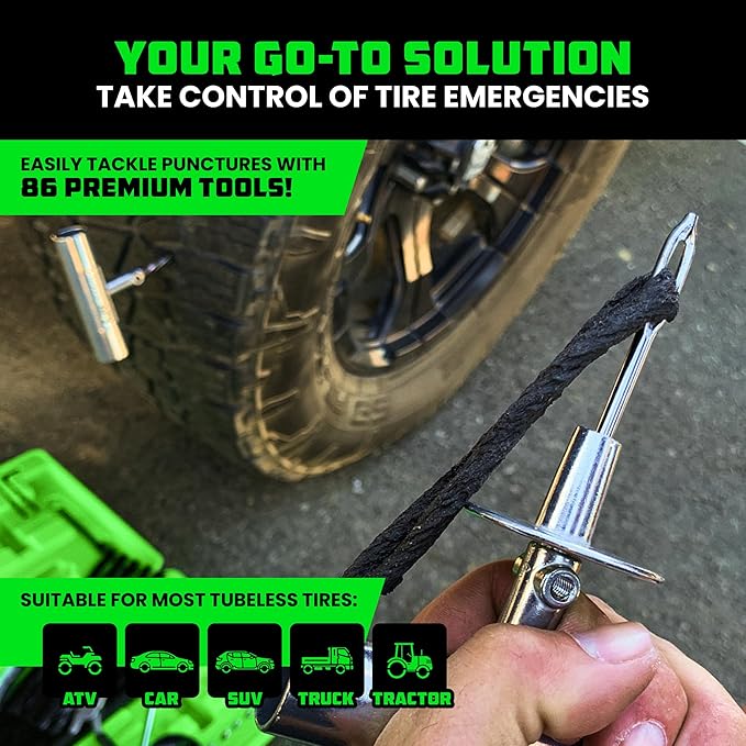Rhino USA Tire Repair Kit (86-Piece) Professional Heavy Duty Tire Plug Kit to Fix Punctures & Patch Flats with Ease - Ultimate Tubeless Tire Repair Tools for Car, Motorcycle, ATV, UTV, RV and Trailer