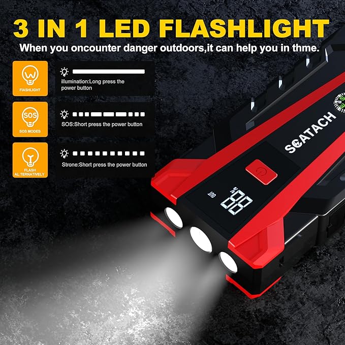 Scatach 6000A Car Battery Jump Starter,12V Portable Jump Starter Battery Pack (up to 9.0L Gasoline and 7.0L Diesel Engine), Jump Box with 3 Modes Flashlights, Jumper Cables, LED Display