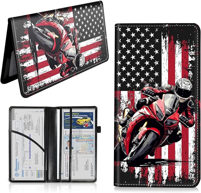 Car Registration and Insurance Card Holder, Vehicle License Documents Glove Box Compartment Organizer Wallet, ID Card Holder for Car Essentials Automobile, American Flag Motorcycle