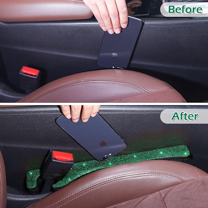 Briwill Green Car Seat Gap Filler, Set of 2 Handmade Crystal Rhinestone Diamond Car Gap Filler Green Bling Car Accessories for Women(Dark Green)