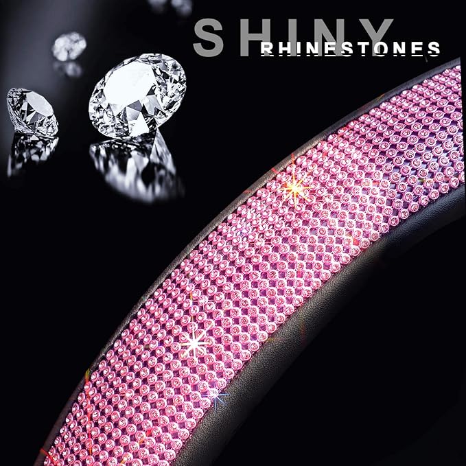 ChuLian New Diamond Leather Steering Wheel Cover with Bling Bling Crystal Rhinestones, Universal Fit 15 Inch Car Wheel Protector for Women Girls Pink Diamond