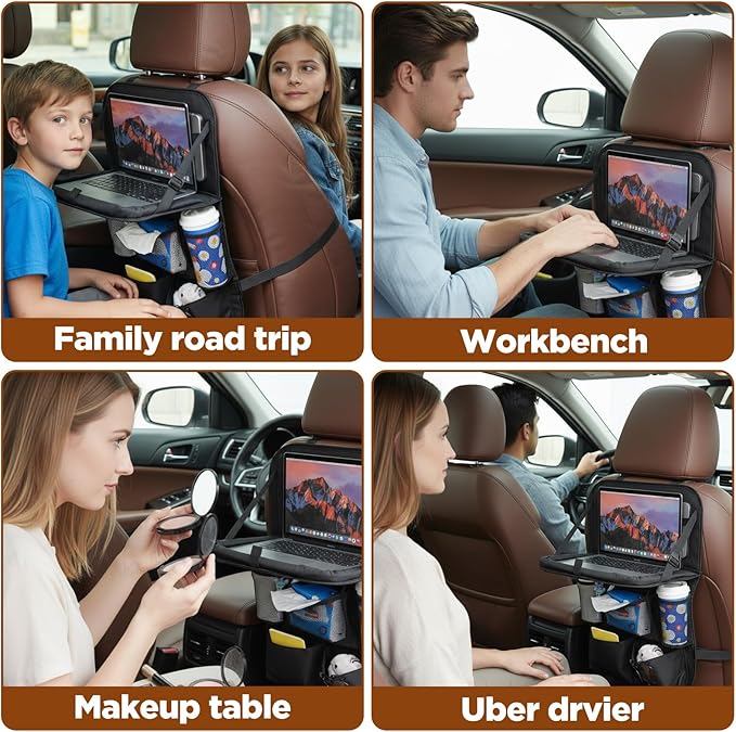 2 Pack Backseat Car Organizer with Touch Screen Tablet Holder, Travel Accessories with 9 Storage Pockets, Seat Back Protectors, Kick Mats for Kids & Adults, Fits Most Vehicles (Black)