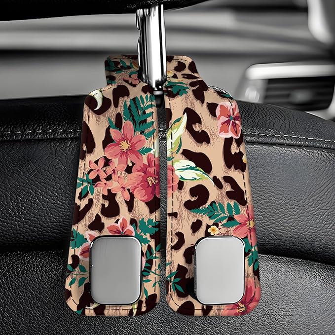 Car Seat Back Storage Headrest Hook, Premium Leather Double Metal Hook, Hanger Storage Organizer for Purse Cloth Bag, Car Interior Accessories Cute Flower Leopard