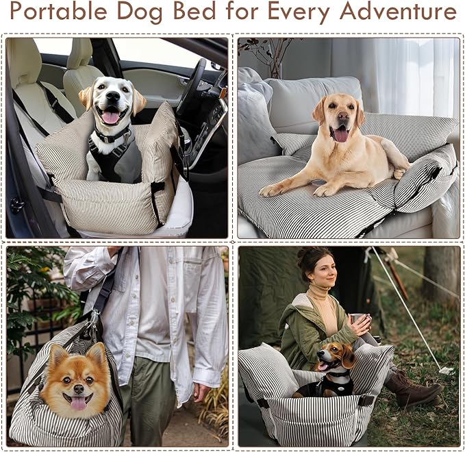Dog Car Seats for Small/Medium Dogs Under 40 lbs - Elevated Pet Seat with Safety Belt, Non-Slip Base, and Storage Pockets for Car Travel,Brown