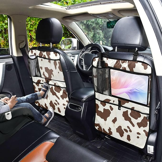 Brown Cow Print 2 Pack Backseat Car Organizer with Storage Pockets Seat Back Organizers for Kids Kick Mats Backseat Protector Automotive