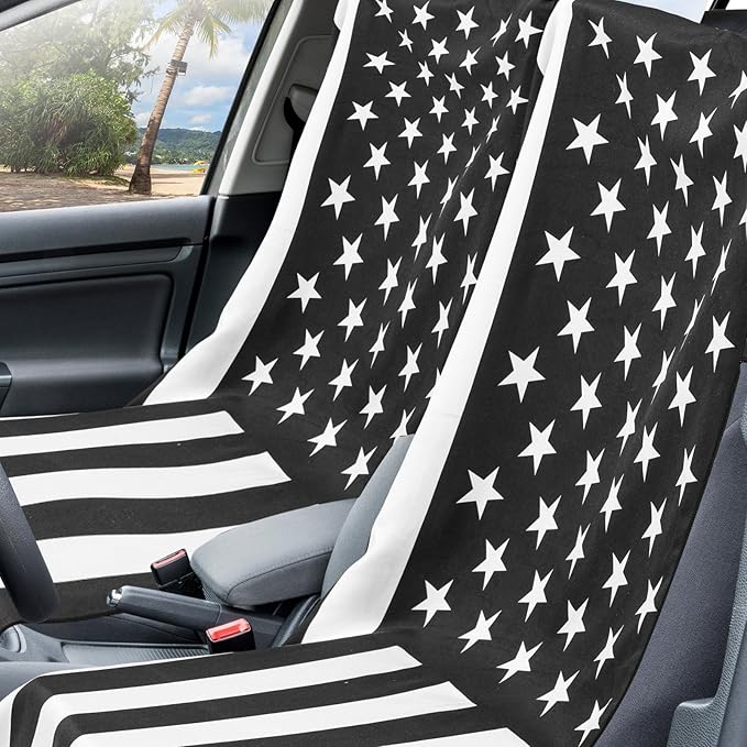Hahafelt 2 Pack Car Seat Towel Covers with Storage Bag 63 x 32 Inch Athletic Running Towel Seat Sweat Washable Non Slip Cover Gift for Car Outdoor Sport Activities (Black White American Flag)