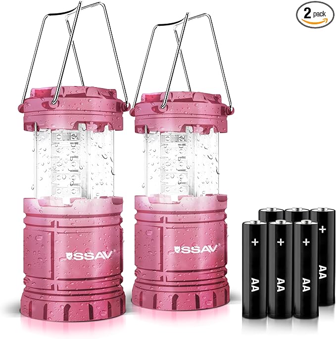 2 Pack LED Camping Lantern, LED Lanterns, Suitable Survival Kits for Hurricane, Emergency Light for Storm, Outages, Outdoor Portable Lanterns, Pink, Collapsible | Batteries Included