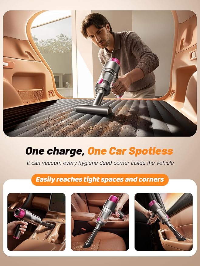 DRFLASH 6-in-1 Handheld Cordless Car Vacuum Cleaner, 16000PA Portable Mini Vacuum Cleaners with LED Light & Fast Type-C Charging, Multi-Nozzles for Home, Outdoor,Pets, Office Use