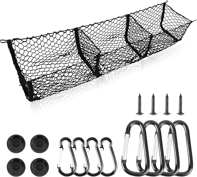Cargo Net Trunk Bed Organizer for Ford/Dodge/GMC/Chevy Silverado/Toyota/Nissan/Honda Pickup Truck, 59" Longer Mesh Storage Net Grocery Holder Heavy Duty Automotive Cargo Net with 3 Detachable Pocket