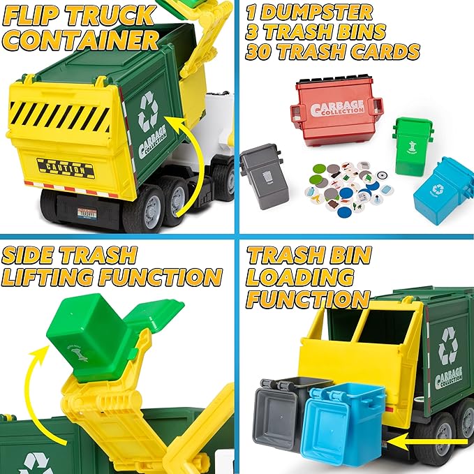 JOYIN Large Friction Powered Garbage Truck Toy Set, Includes 1 Dumpster, 3 Trash Bins, and 30 Learning Cards for Kids, Boy Toys Birthday Gift, Green