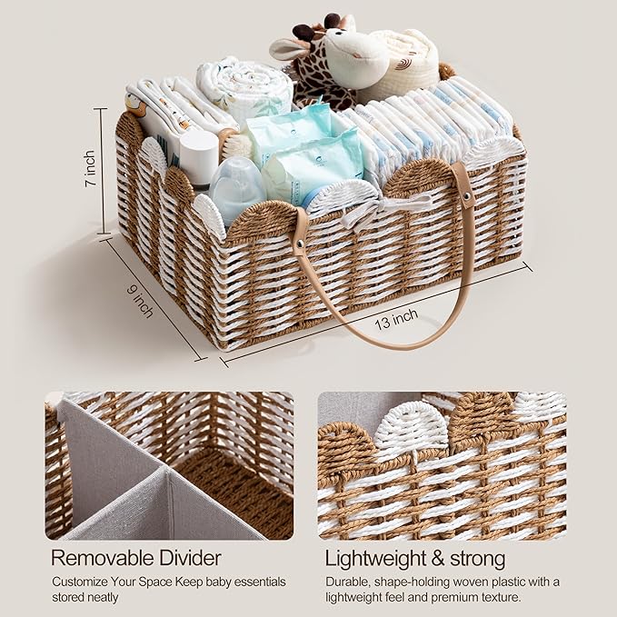 HBlife Baby Diaper Caddy, Paper Rope Storage Baskets Nursery Bin with Removable Divider, Portable Car Organizer for Diapers, Baby Shower Gifts, Newborn Essentials Must Haves