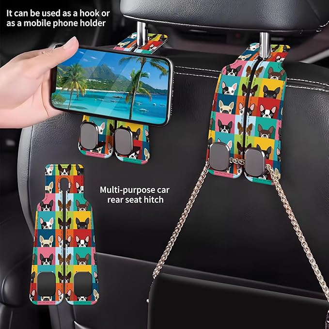 Car Seat Back Storage Headrest Hook, Premium Leather Double Metal Hook, Hanger Storage Organizer for Purse Cloth Bag, Car Interior Accessories Colorful Cute Dogs