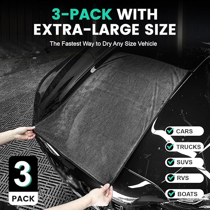 TEAWOO 3-Pack Microfiber Towels for Cars (24" x 35"), Extra Large Super Absorbent Car Drying Towel, Drying Towel for Car & Trucks, Car Towels Drying with No Streaks & Scratches